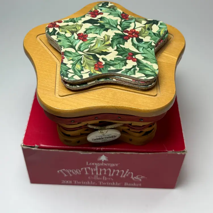 Longaberger Tree Trimming 2001 Twinkle Twinkle Basket Lid Coasters Liner in Box