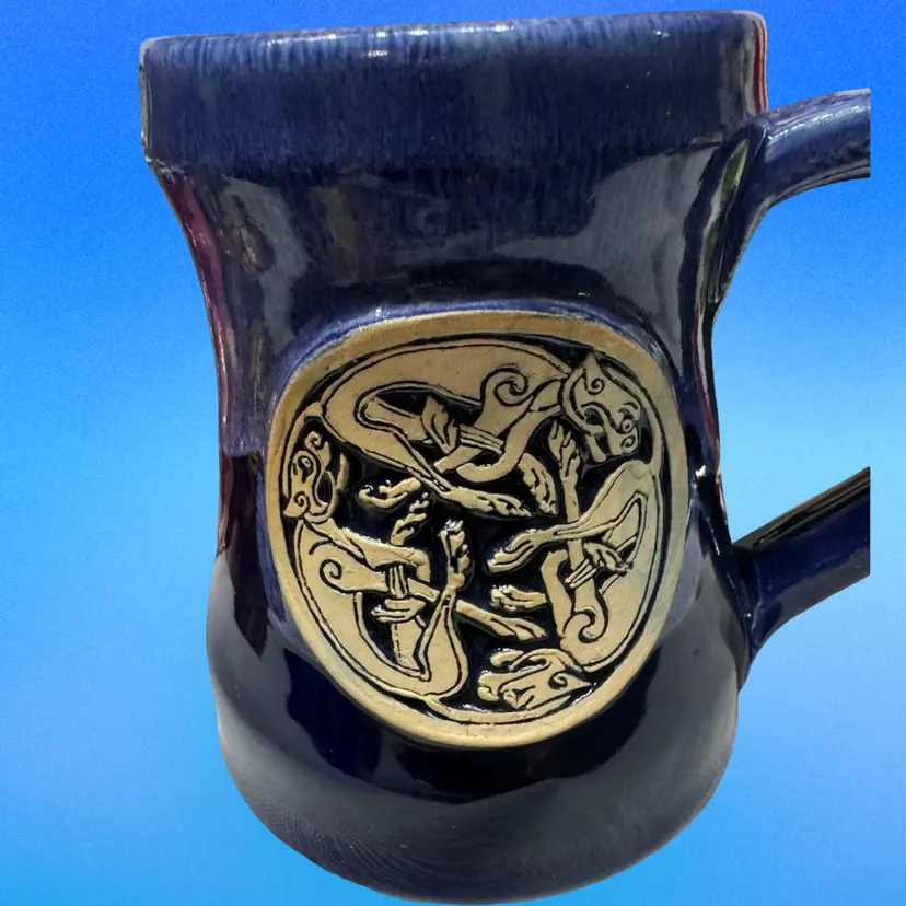 BLUE Black Dog Pottery Drip Glaze Tankard Mug Cup Approximately 5” X 4.5”