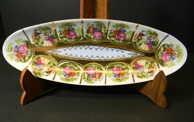 Vtg Arnart/Tilso Porcelain Oval Relish or Celery Dish with Victorian Courting Couple scenes and gold trim #1102