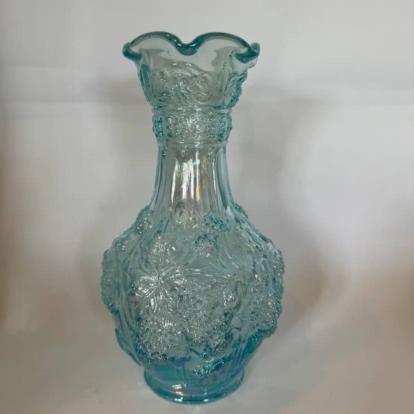 Imperial Iridescent Ice Blue Carnival Glass Loganberry Design Vase 10" Tall