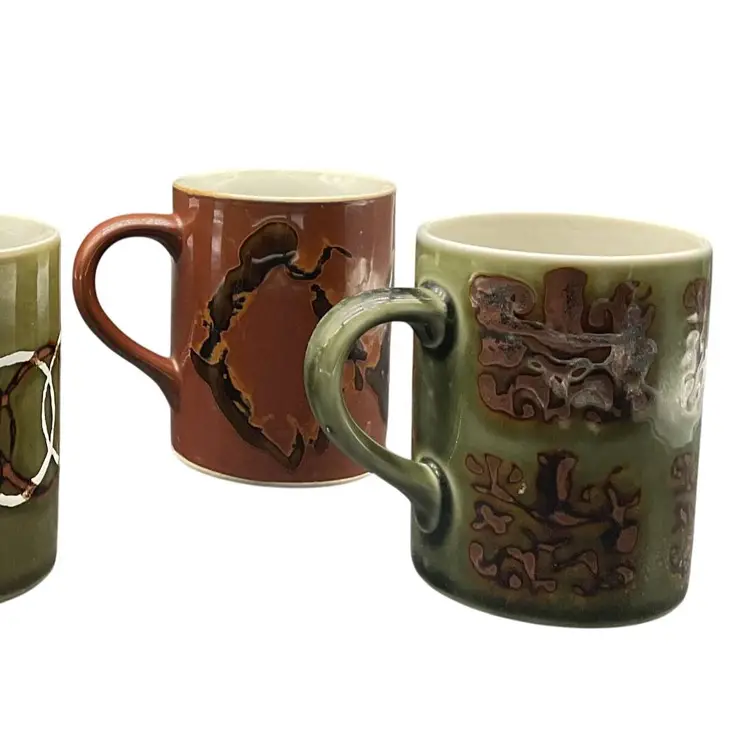Vtg Set Of 4 MCM Ceramic Mugs Unique Abstract Designs & Earthy Tones 3.75"H