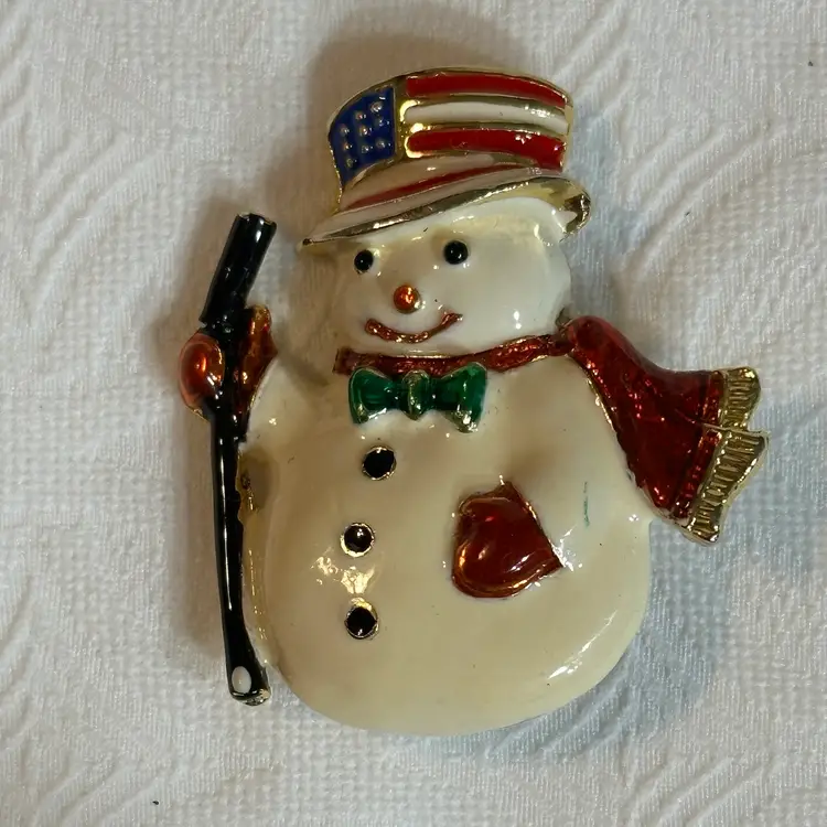 Vintage Gold Tone Patriotic Enamel  Snow Man Brooch