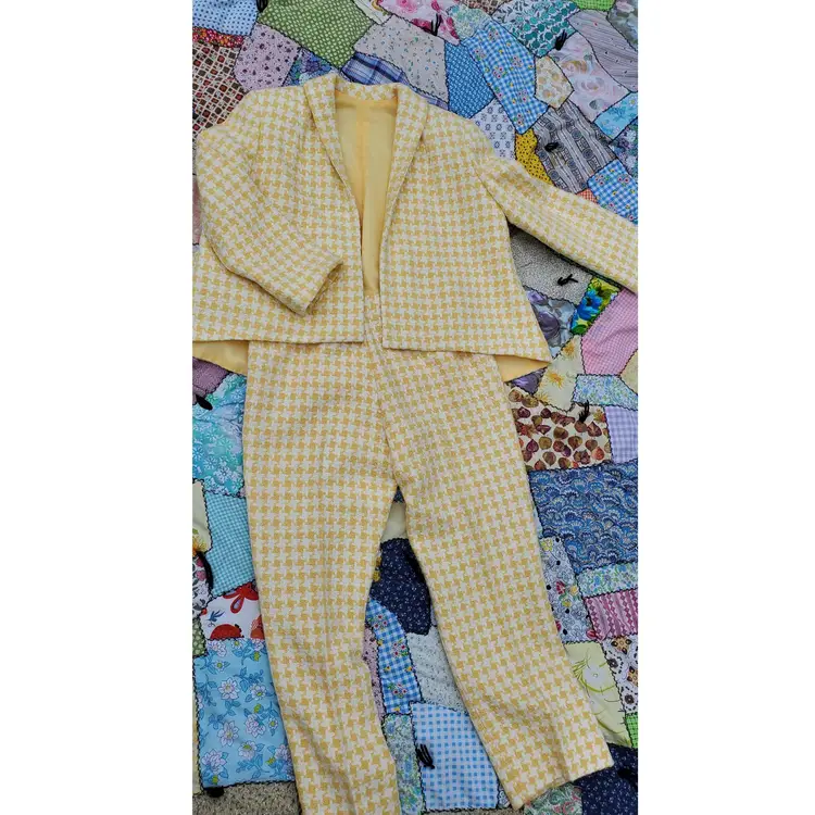Yellow And White Houndstooth Pantsuit, Classic, Workwear, Tweed, 70'-80's, Jerry Skupa