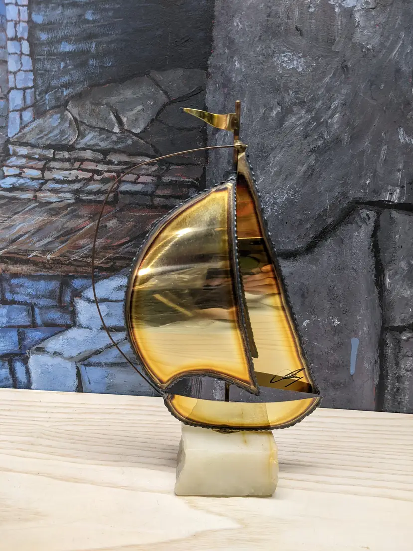 Brass SailBoat MCM Mario Jason Nautical Signed Figurine Brutalist Coastal Onyx Vintage 9" Home Decor