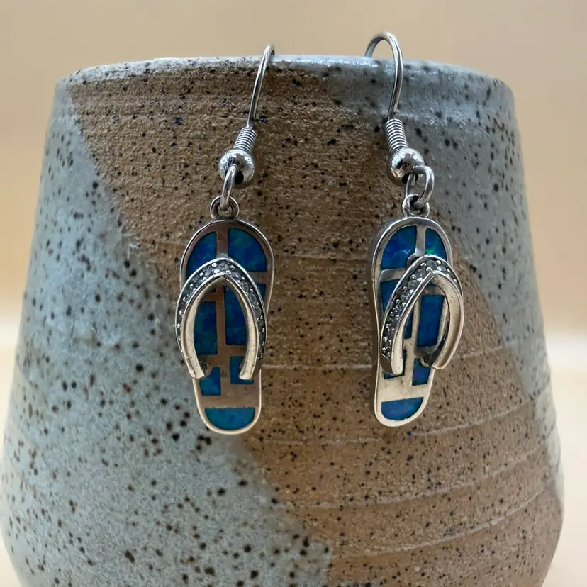 Blue Opal Inlay Sterling Silver Flip Flop Earrings 1.5”