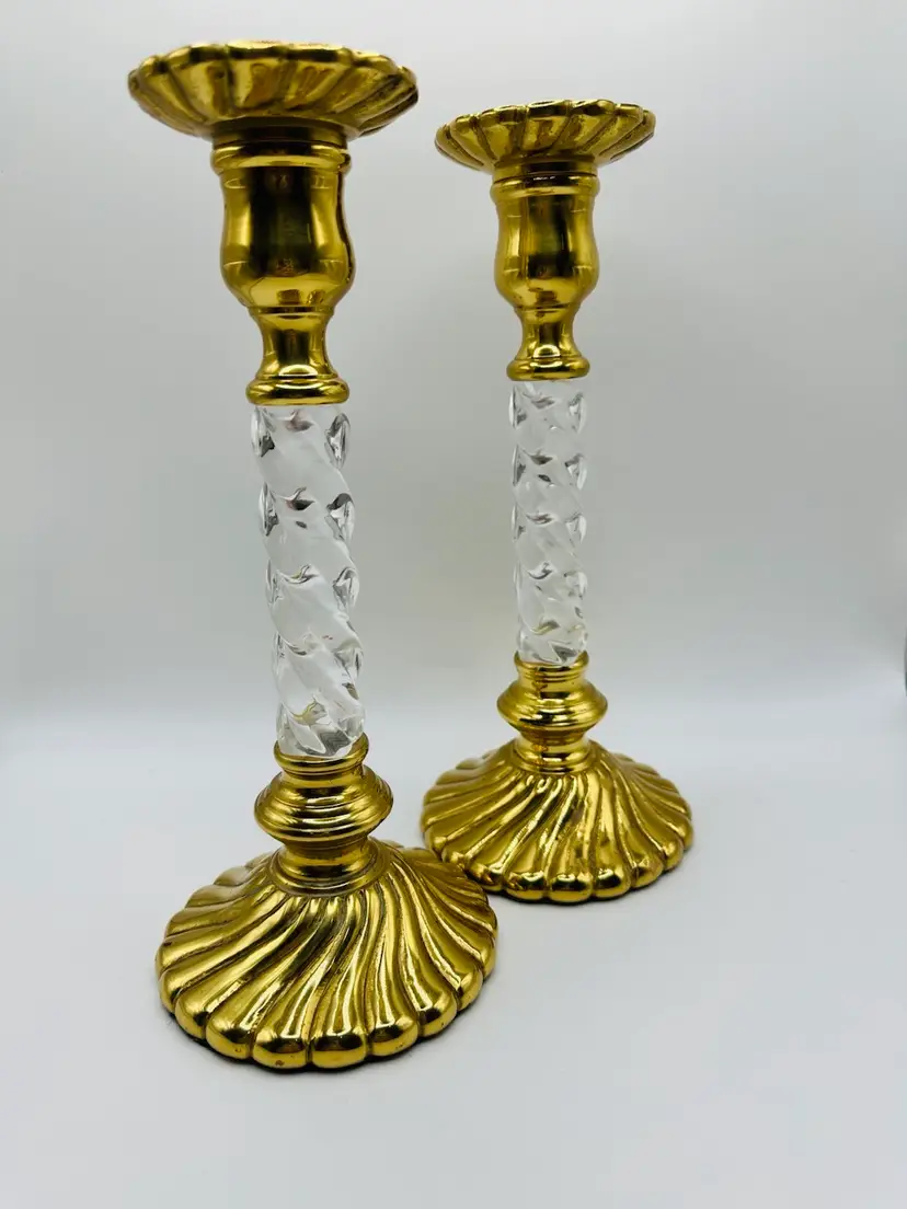 Vintage Hollywood Regency Spiral Lucite & Brass Candlesticks