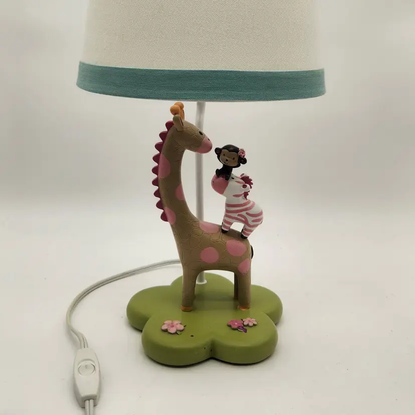 Kids Line Safari Theme Table Lamp Giraffe Monkey Pink Hippo Pink & Green Nursery