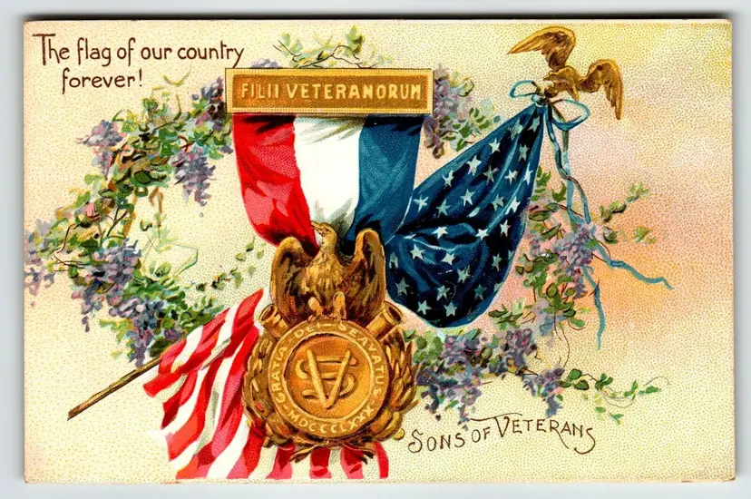 Decoration Memorial Day Postcard Sons Of Veterans Flags Badge Eagle Tuck Unused