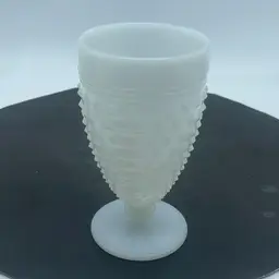 #0820 White milk glass hobnail goblet with ribbed bands.