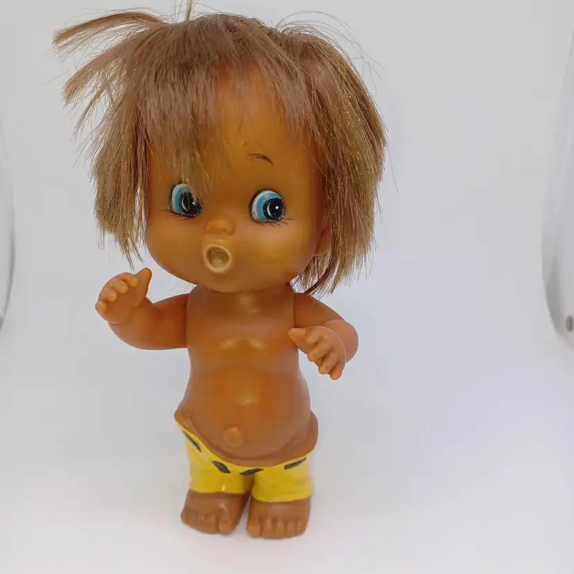 Vintage 1968 Rubber Tan Boy Rubber Molded Toy 6” Hair Made In Japan Hawaiian