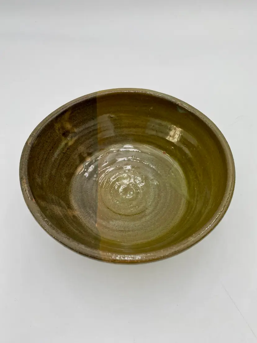 Studio Pottery Bowl, Red Clay, Green Glazes, 6.8", Notched Base, Serving Display