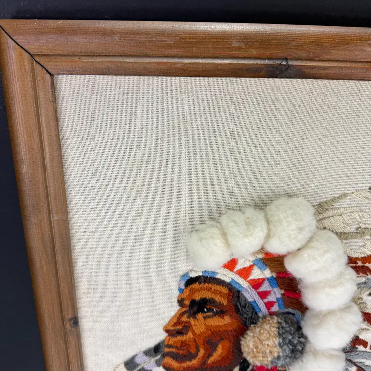 Vintage Framed American Indian Chief Crewel Embroidery Art 16" X 20" Wall Décor