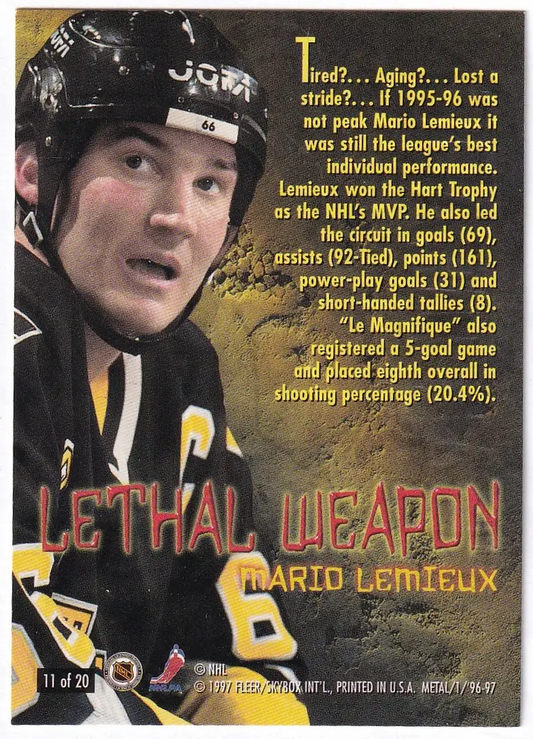 1996-97 Metal Universe Lethal Weapons #11 Mario Lemieux Pittsburgh Penguins Hockey Card