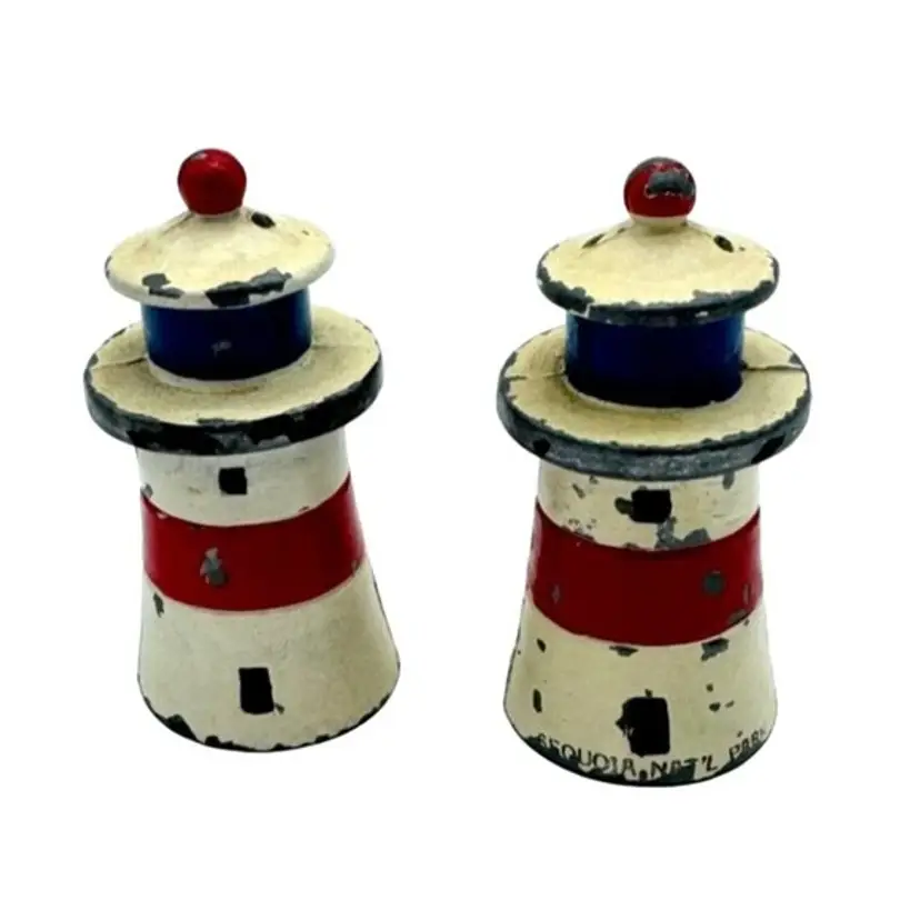 VTG Lighthouse Salt and Pepper Shakers Cast Iron Hand Painted over Metal 2.5"H