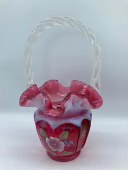 1994 Fenton "Open Heart Arches" Cranberry Glass Basket,Signed Bill and George Fenton,  Dianna Barbour, Artist