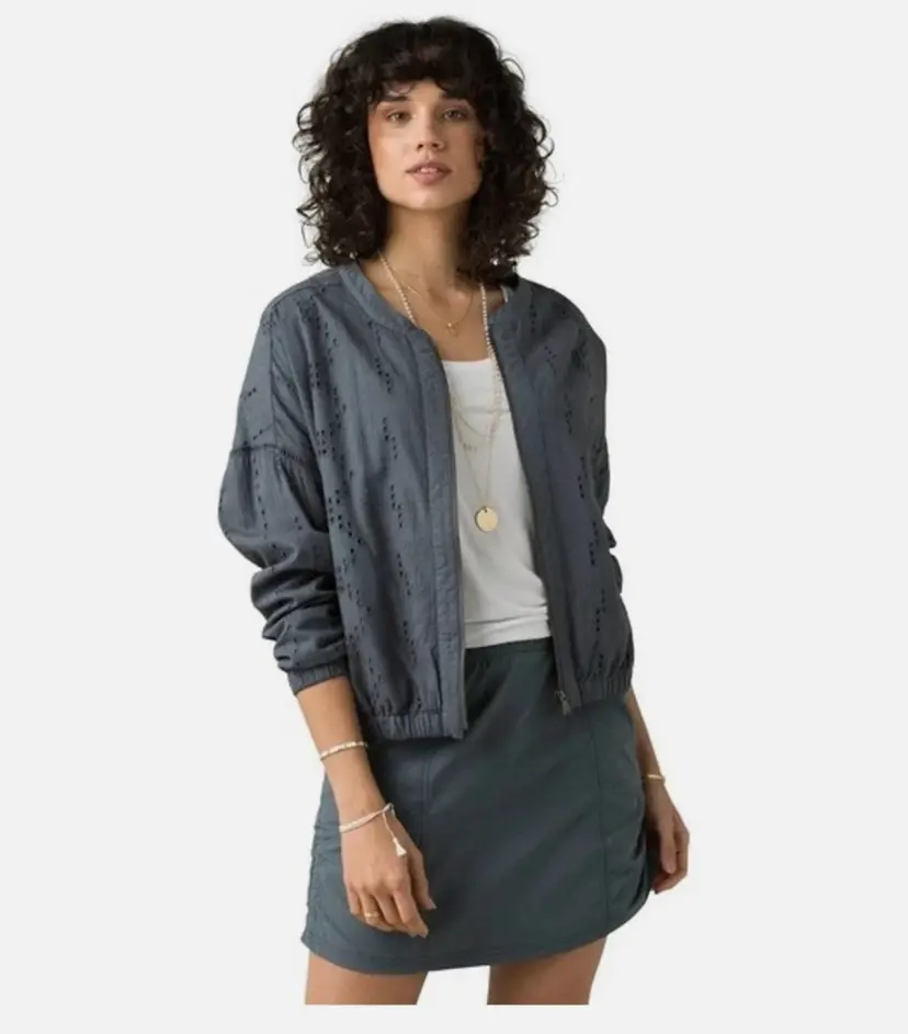 Prana Barlow Jacket Full Zip Eyelet Chalkboard Grey Small Bomber