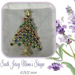 Vintage Gold Tone Christmas Tree With Red Green Blue Rhinestones Brooch