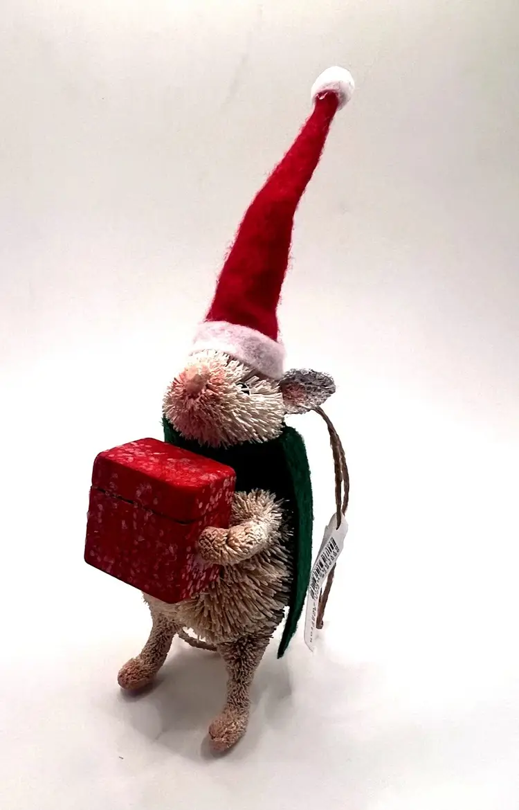 NWT Pottery Barn Bottle Brush Mouse w/ Red Box & Hat Christmas Ornament