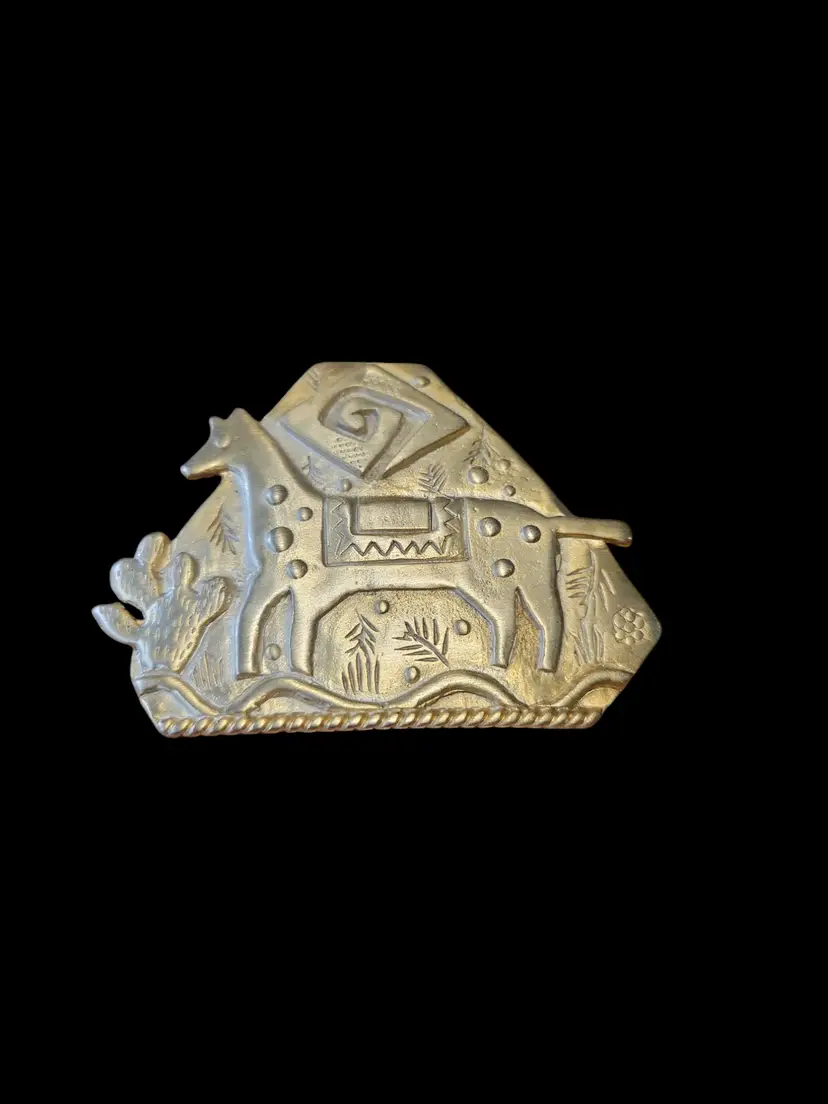 1988 JJ Brooch Folk Inspired Gold Tone