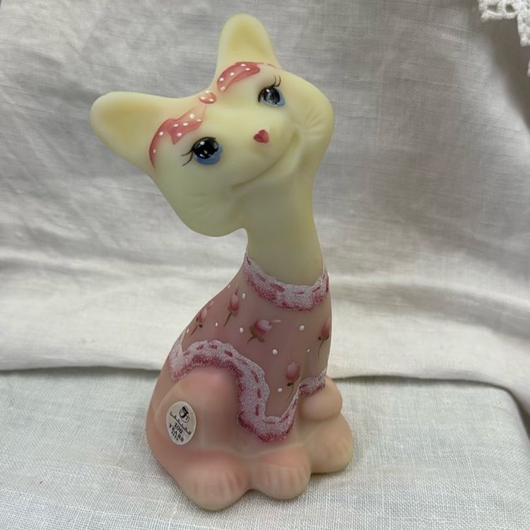 Fenton Burmese Satin Happy Alley Cat Hand Painted Pink Roses - FAGCA 100 Year Anniversary - Signed & Hand-painted - GLOWS