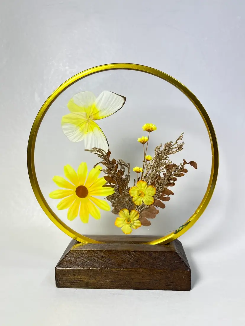 Vintage Pressed Flowers In Lucite With Wood Base