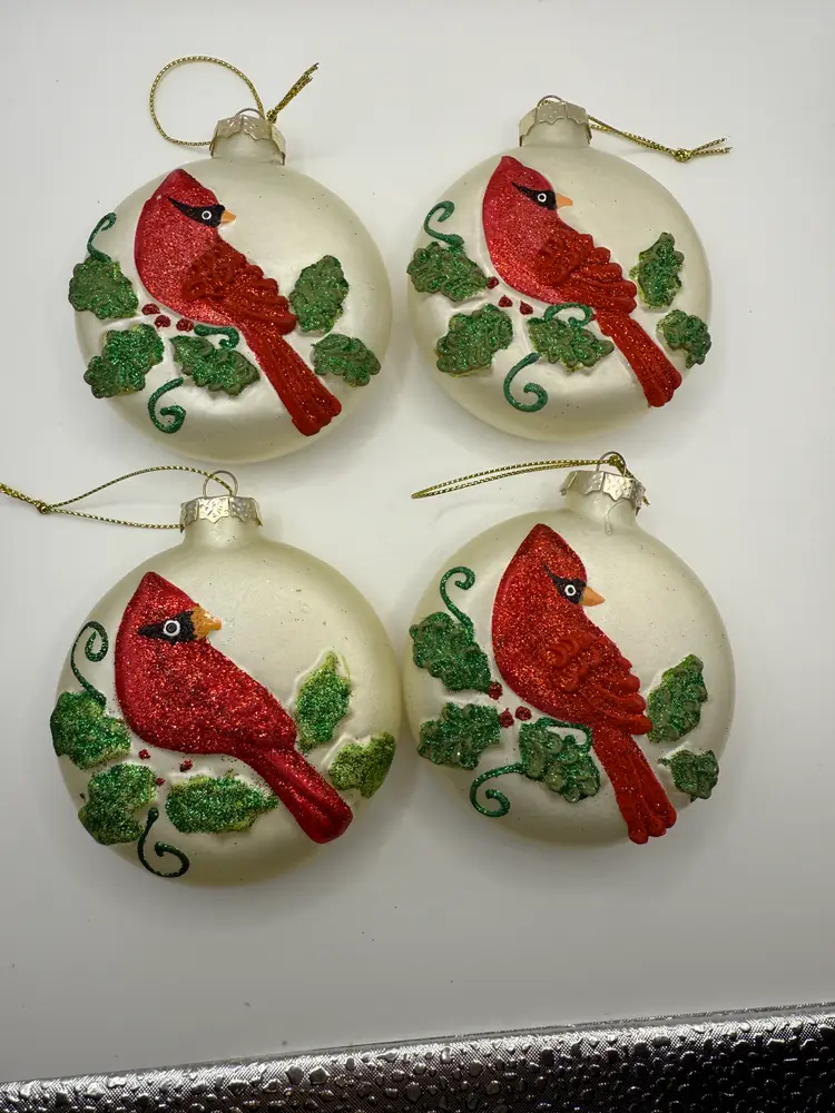Vintage Cardinal and Ivy Christmas Ornaments set of 4