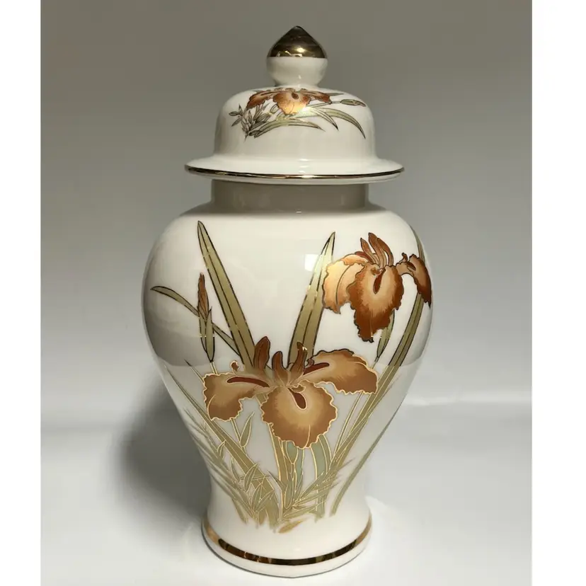 Ginger Jar -Urn with Lid- Irises- Gold Details- Stamped “fine china- Japan” 10” High With Lid