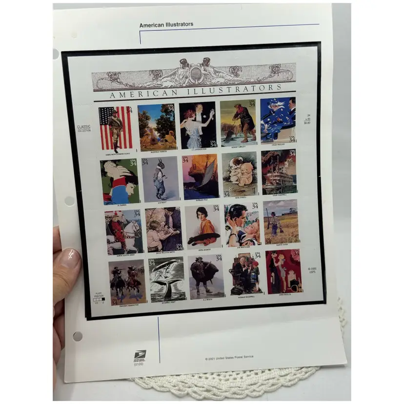 A full sheet of 20 United States 34-cent postage stamps featuring American Illustrators. 2001
