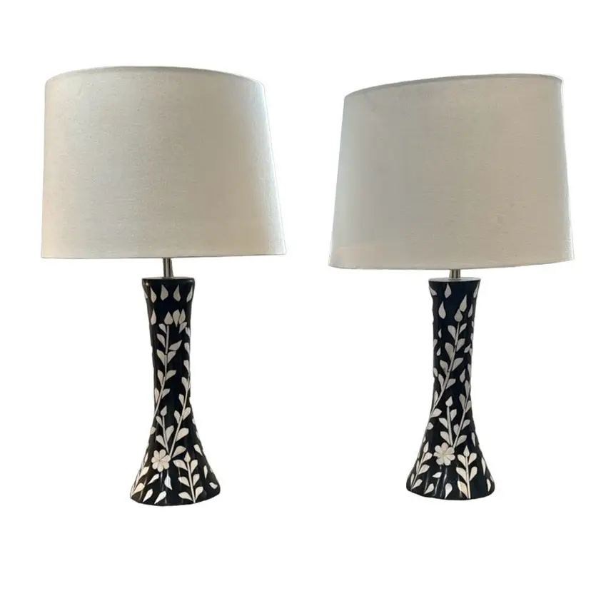 Lamps Pair of Bone Inlay Cylindrical Lamps  with Shades - Reduced Shipping