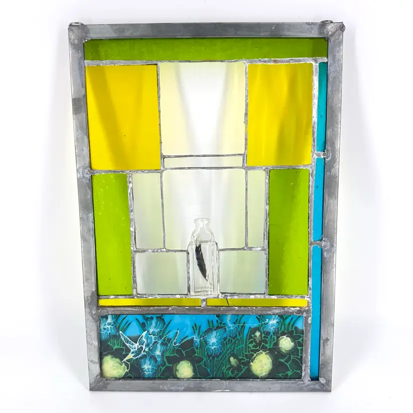 Handmade Leaded Stained Glass Bottle Hummingbird Sun Catcher Hanger AS IS