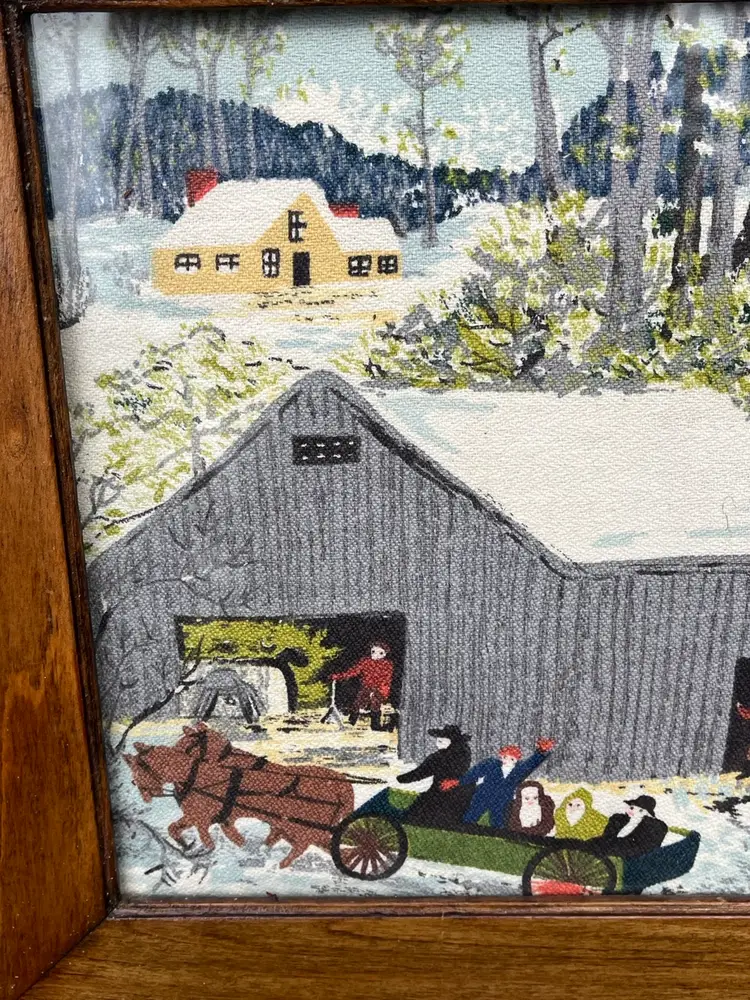 1970s Grandma Moses Quilted  Wall Hanging Winter Horse & Carriage Farm Scene In A Beautiful Solid Wood Frame 
