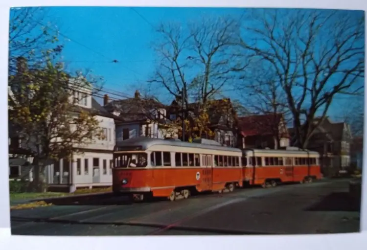Trolly Train Railway Postcard Boston 3136 & 3131 Double Rail Cars Watertown Sq