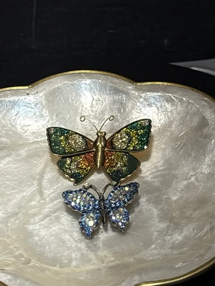 Vintage OTC Blue & Aurora Borealis Crystal Pave Butterfly Brooch With Enamel Gold Butterfly Brooch