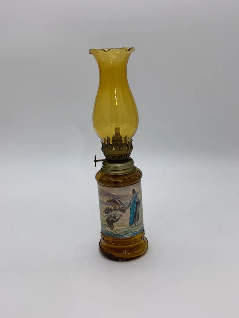 Vtg. Retro 1977 Bottle Oil Lamp Signed K. Amason Hand Blown With Ruffled Globe