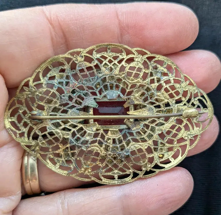 Antique Gold Tone Brooch with Raspberry Glass, Circa 1900