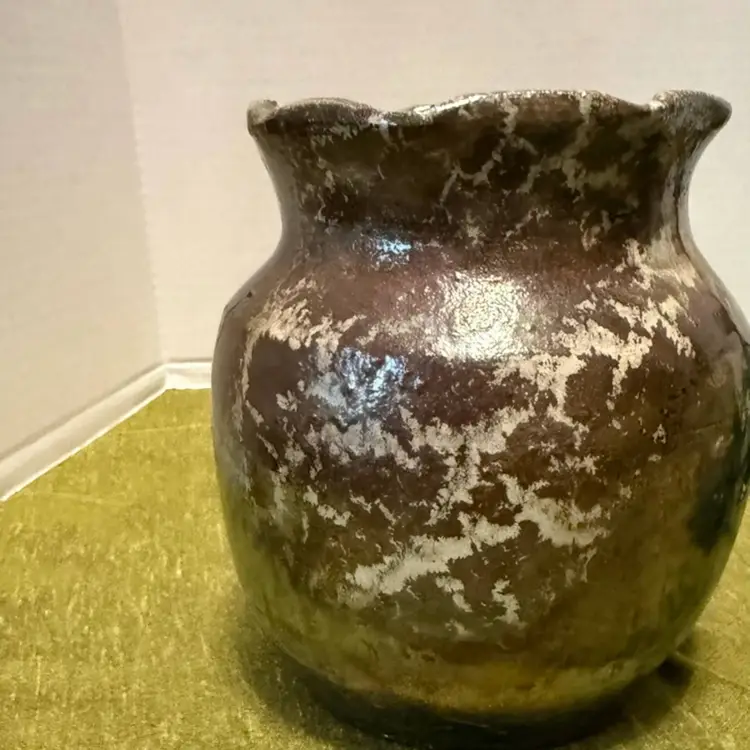 Vintage Studio Art Pottery Pot, Brown & White Volcanic Lava Glaze, Handmade, 6x4.5"