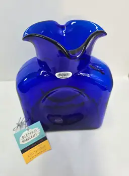 Blenko 4 Spout Blown Glass Cobalt Blue Water Bottle Vase with Sculpted Thumb Support, Sticker, Etched Bottom and Visitor Center Card. 2021