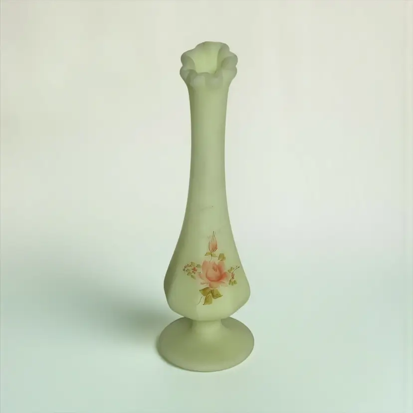 Vtg Fenton Uranium Bud Vase Custard Glass Swung Glows Hand Painted Signed 8.5"