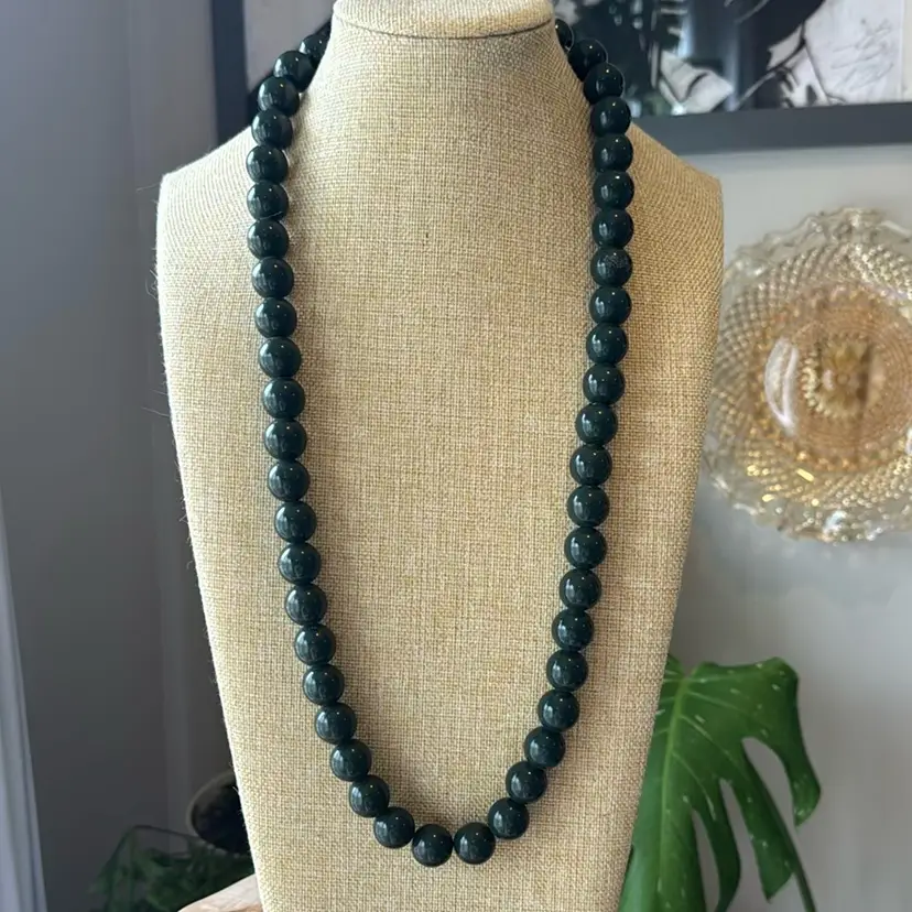30” Dark Green Vintage Plastic Bead Necklace