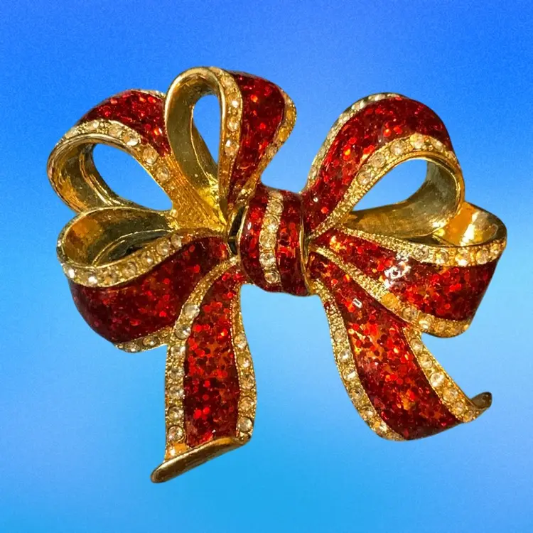 Lg Red Bow Brooch Gold Tone