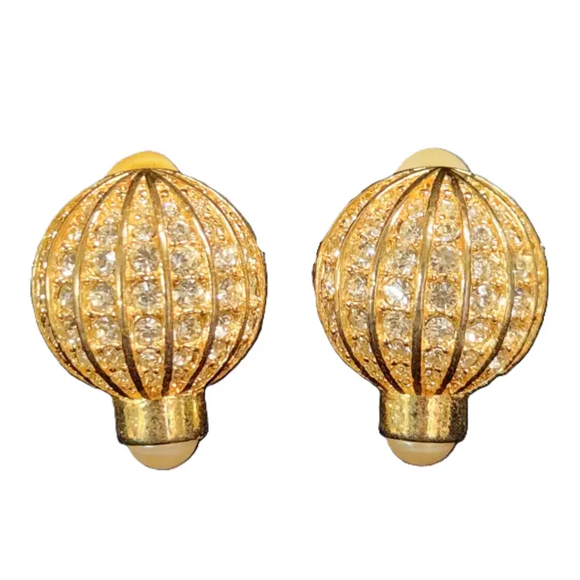 Joan Rivers Ribbed Rhinestone & Faux Pearl Earrings - Clip On Vintage Costume Jewelry + Gift Box