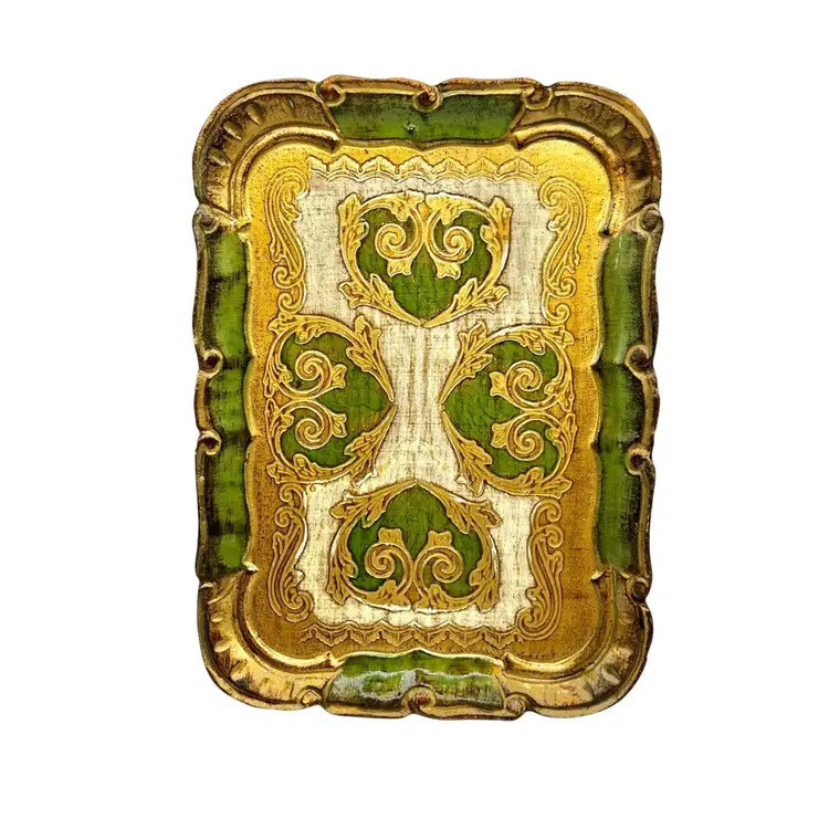 Midcentury Florentine Wooden Tray Green Gold 7.5x10.5”