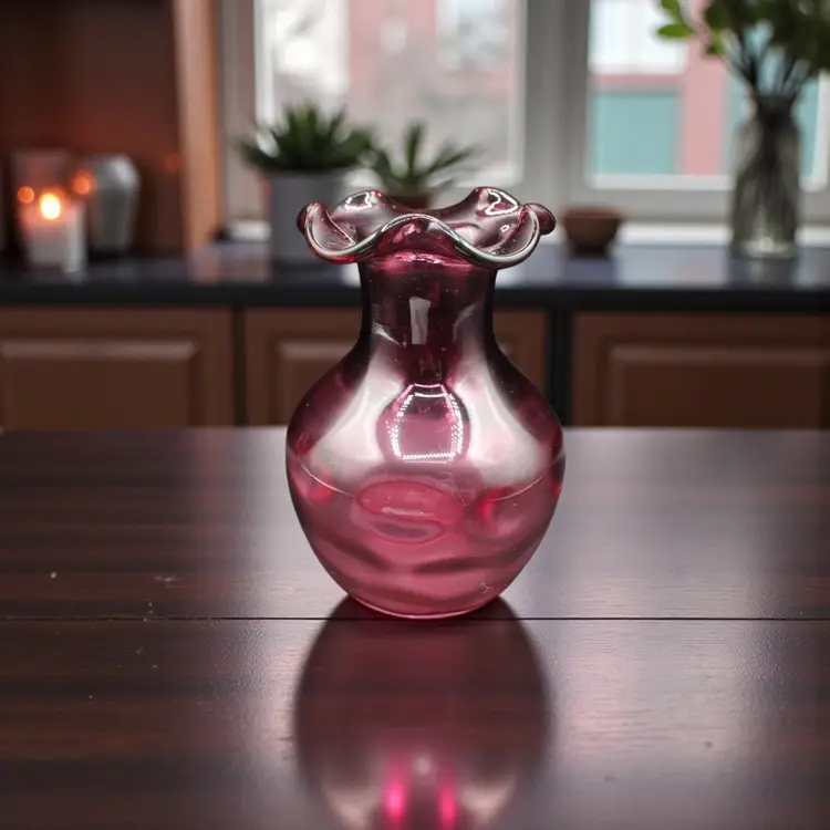 Hand Blown Amethyst Art Glass Vase 6” Tall Crimped Rim Bud Vase, Studio Glass RW