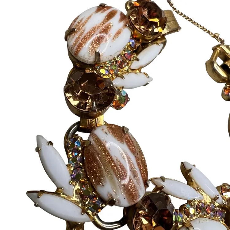 Vintage Juliana D&E Faux Aventurine Copper Fluss Milkglass & Topaz Rhinestones 7.25” Bracelet 5 Panel