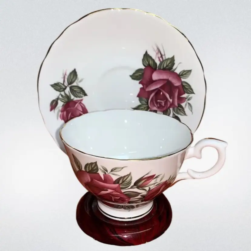 Crown Staffordshire England Floral Rose Teacup & Saucer Vintage