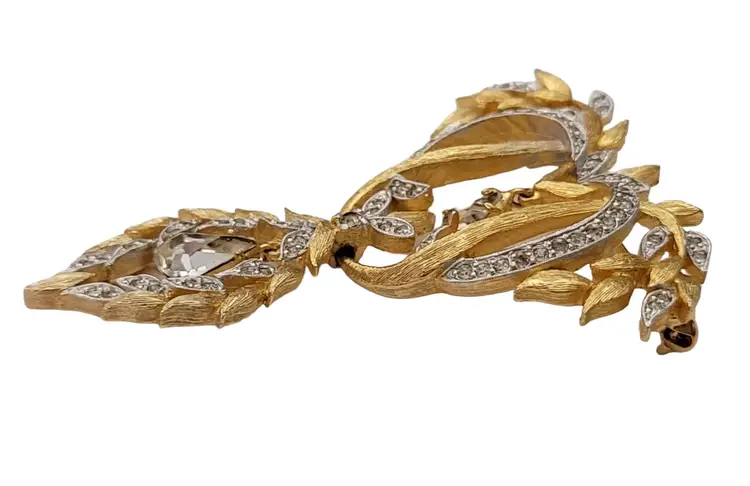 Polcini Gold Tone Clear Rhinestone Hinged Heart Laurel Leaf Dangle Brooch, Signed E622