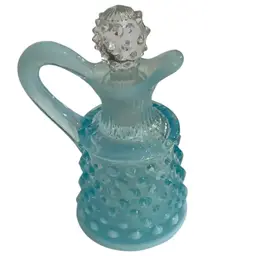 Vintage Fenton Hobnail Vase Two Tone Blue Opalescent And Dewdrop Ruffled Edge Cruet With Original Fenton Stopper In Clear Hobnail Approximately 4.75" Tall With Stopper