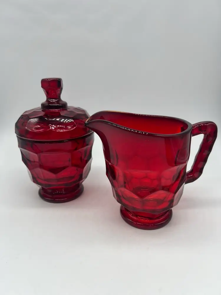Vintage Viking Glass Honeycomb Georgian Ruby Red Creamer & Covered Sugar Set