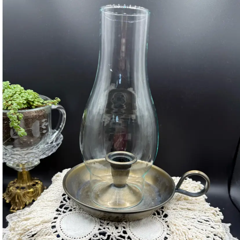🐞 Vtg Princess House Gold-Tone Chamberstick Hurricane Candle Holder