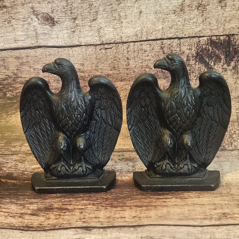 Federal Eagle Black Cast Iron Door Stop Bookends HEAVY Marked Robert Emig #1188 Set of 2 Vintage 1950s Folk Art Pennsylvania - USA